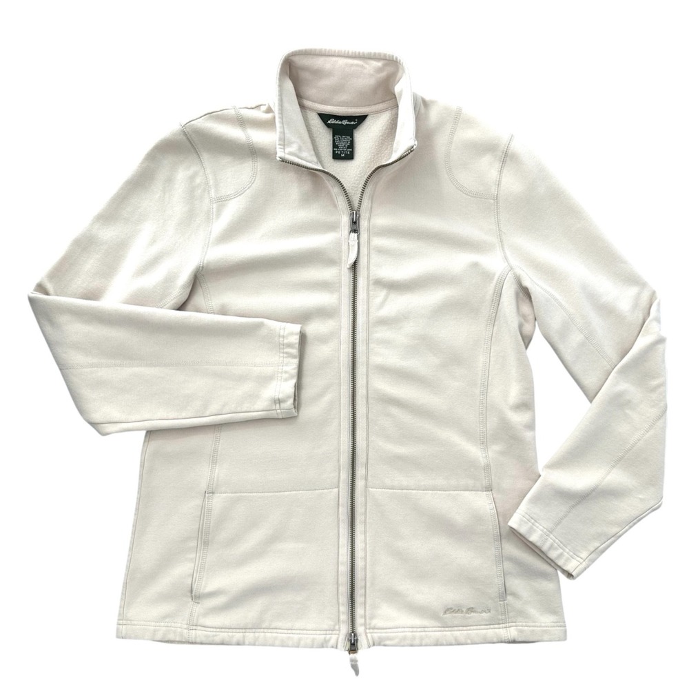 Eddie Bauer Zip-Up Jacket Beige Mock Neck Cotton Stretch Women's Petite Medium